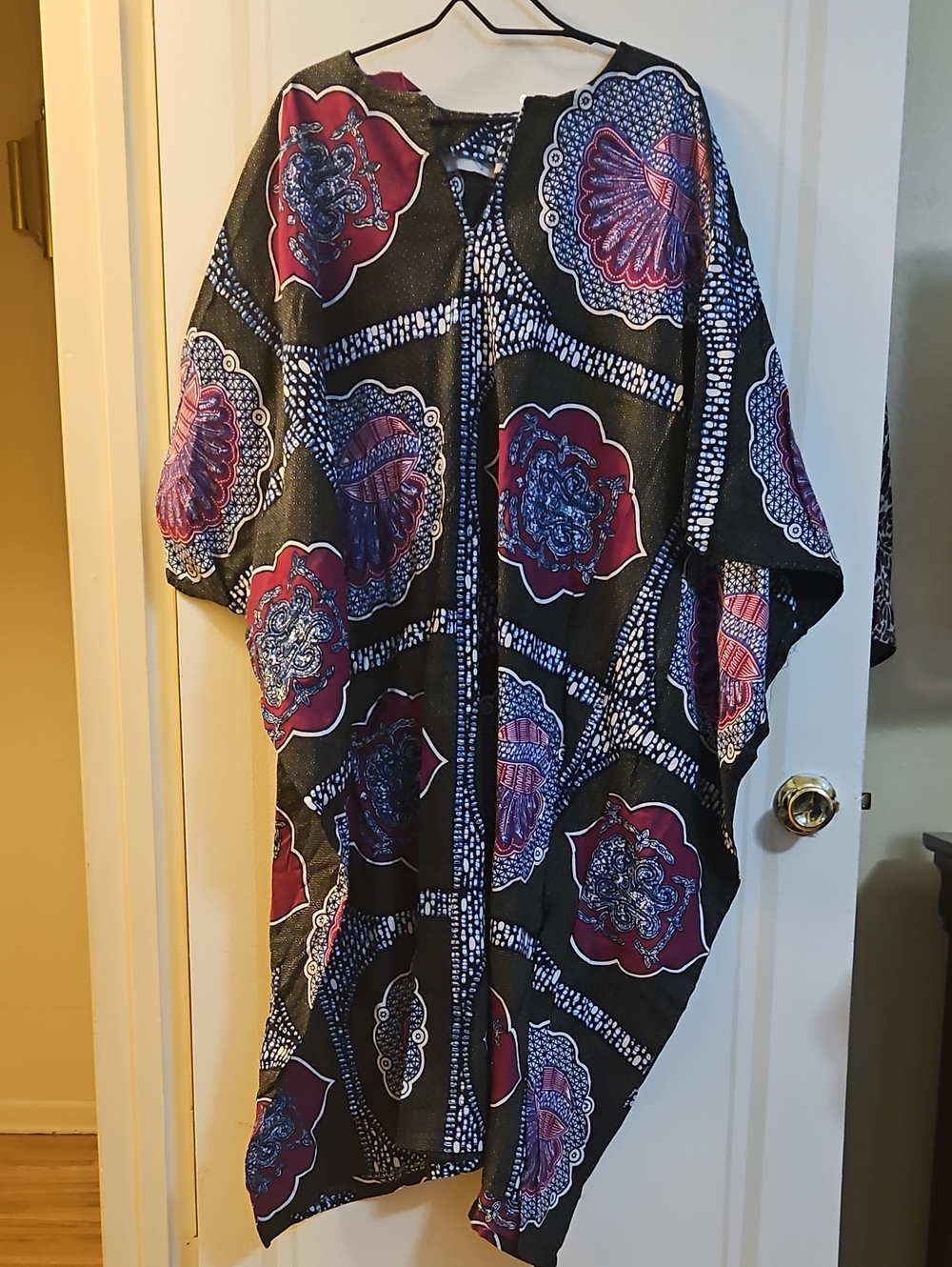 HANDCRAFTED 3-piece Black & Maroon Patterned Kaftan, Midi Skirt & Headband/Belt